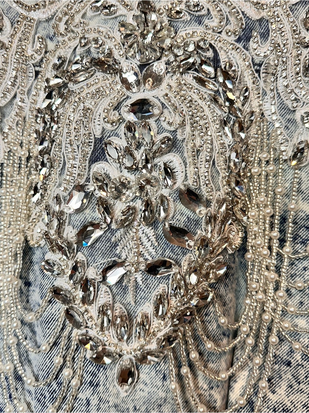 Blue B Embellished Denim Jacket Crystal Pearl Fringe Cropped Jacket NWT Small - Picture 6 of 7